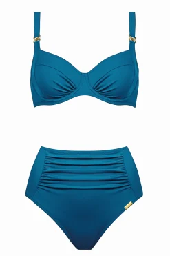 Bügel-Bikini mit femininen Rüschungen und goldfarbenen Träger-Elementen