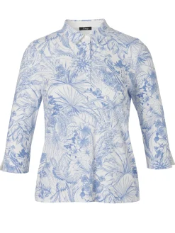 Edles 3/4-Arm Polo-Shirt mit gezeichnetem Tropenmuster