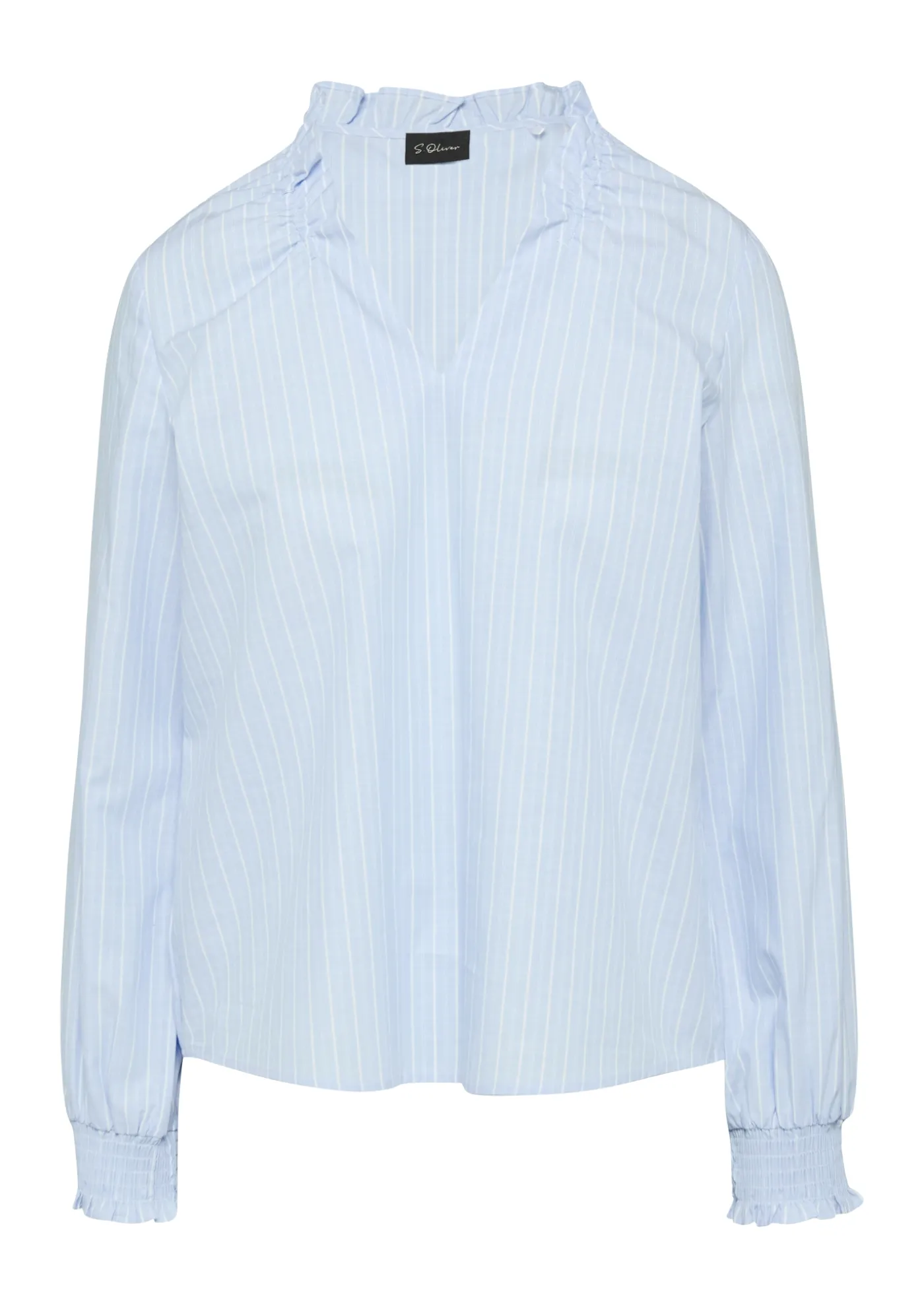 Gestreifte Popline-Bluse mit Gummizug am Ausschnitt