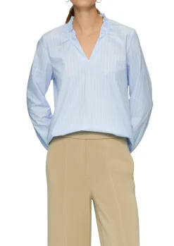 Gestreifte Popline-Bluse mit Gummizug am Ausschnitt