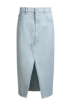 Midirock aus blauem Denim mit ausgefranstem Saum