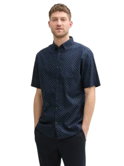 Regular Fit Kurzarmhemd mit Leinenanteil im Pünktchen-Muster