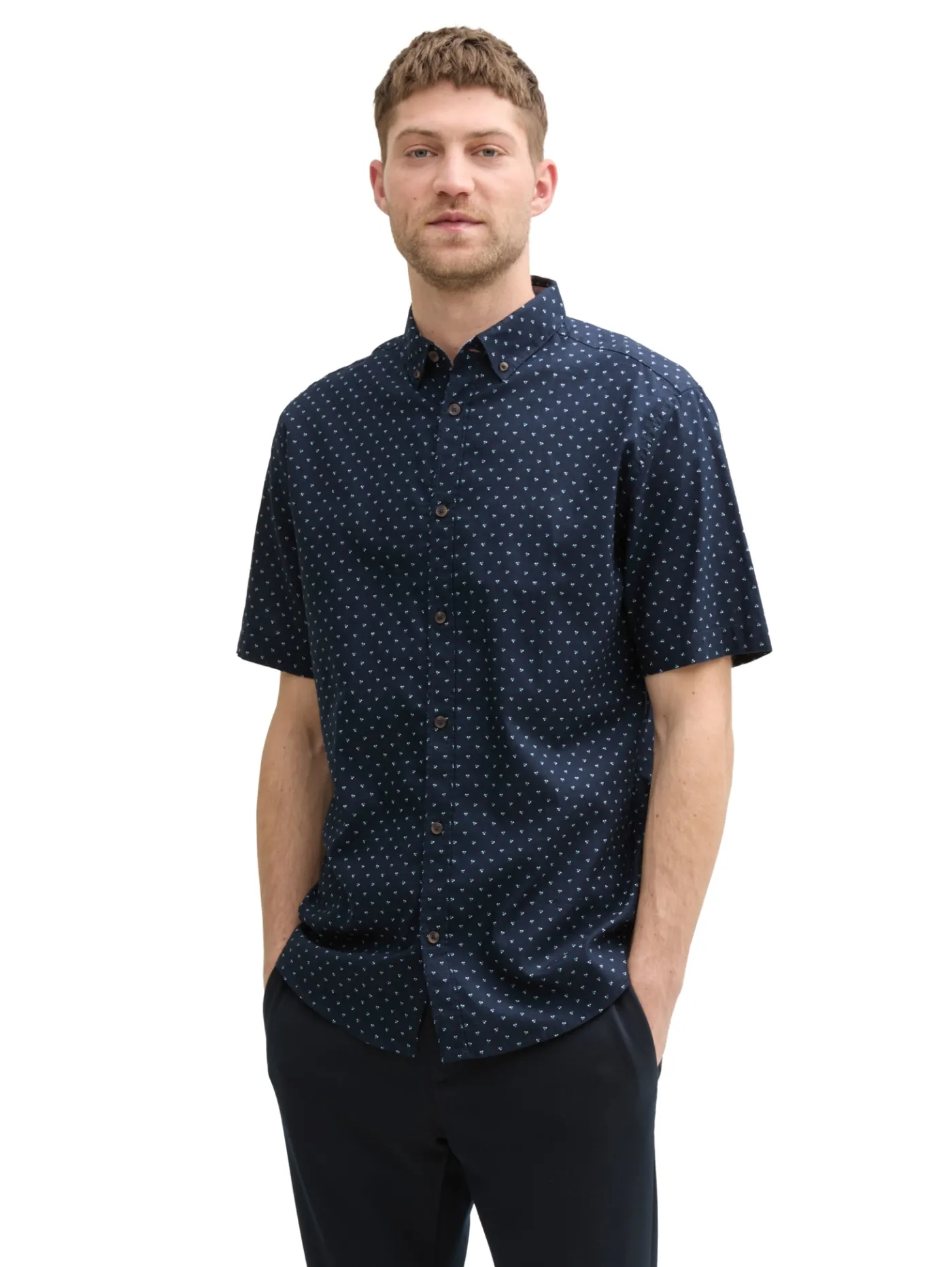 Regular Fit Kurzarmhemd mit Leinenanteil im Pünktchen-Muster
